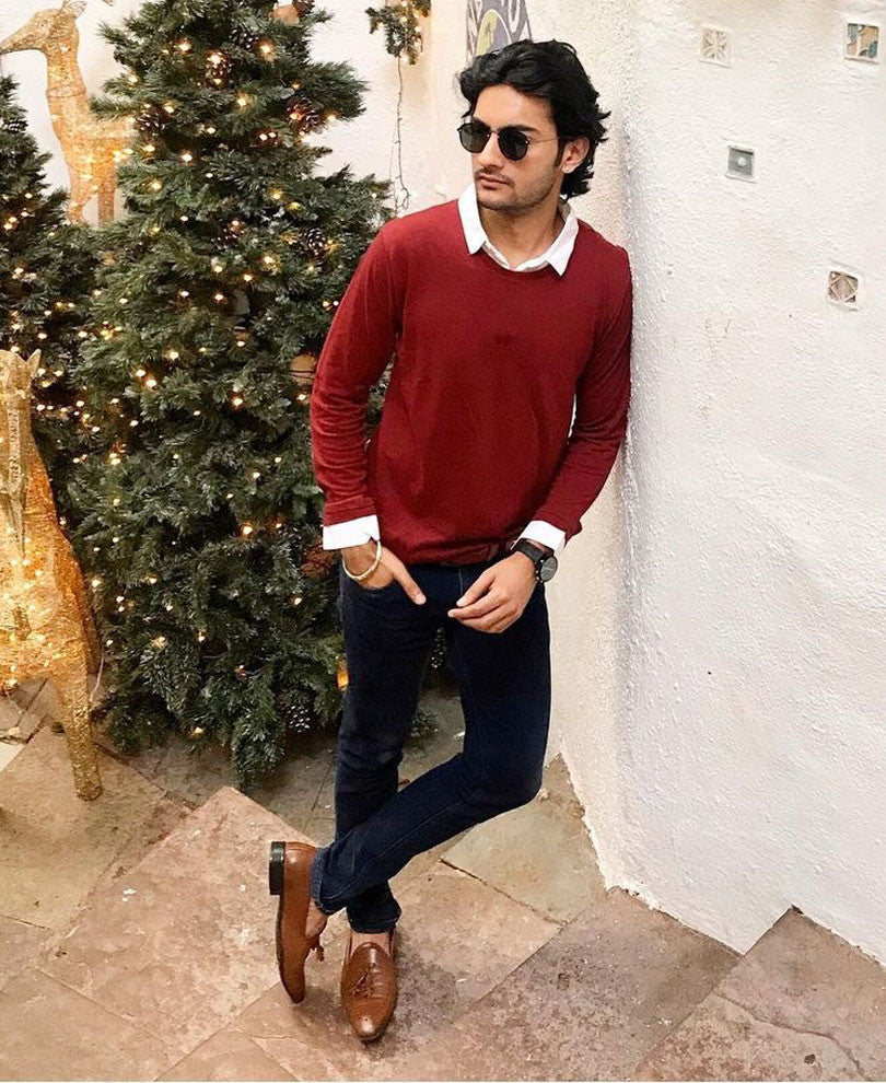 Maroon White Collar Full Sleeves T-Shirt