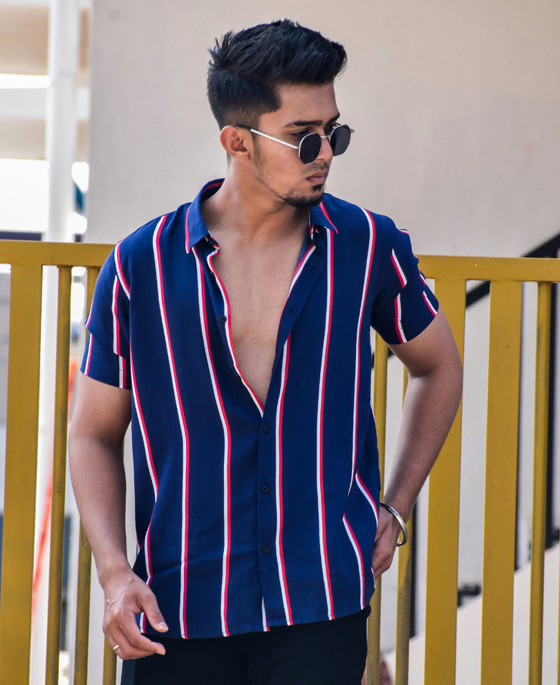 Navy Blue Multiple Stripes Half Sleeves Shirt
