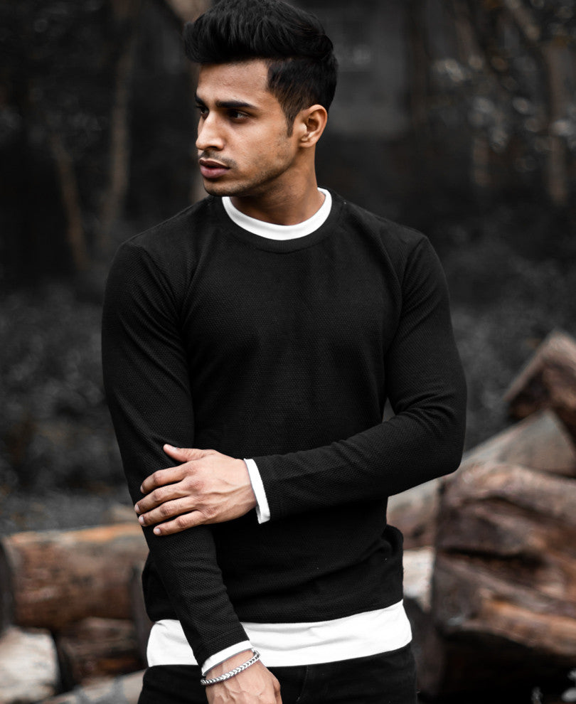Black Double Crew Neck Full Sleeves T Shirt