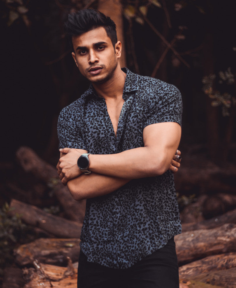 Grey Leopard Print Half Sleeves Shirt