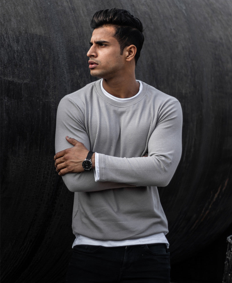 Grey Double Crew Neck Full Sleeves T Shirt