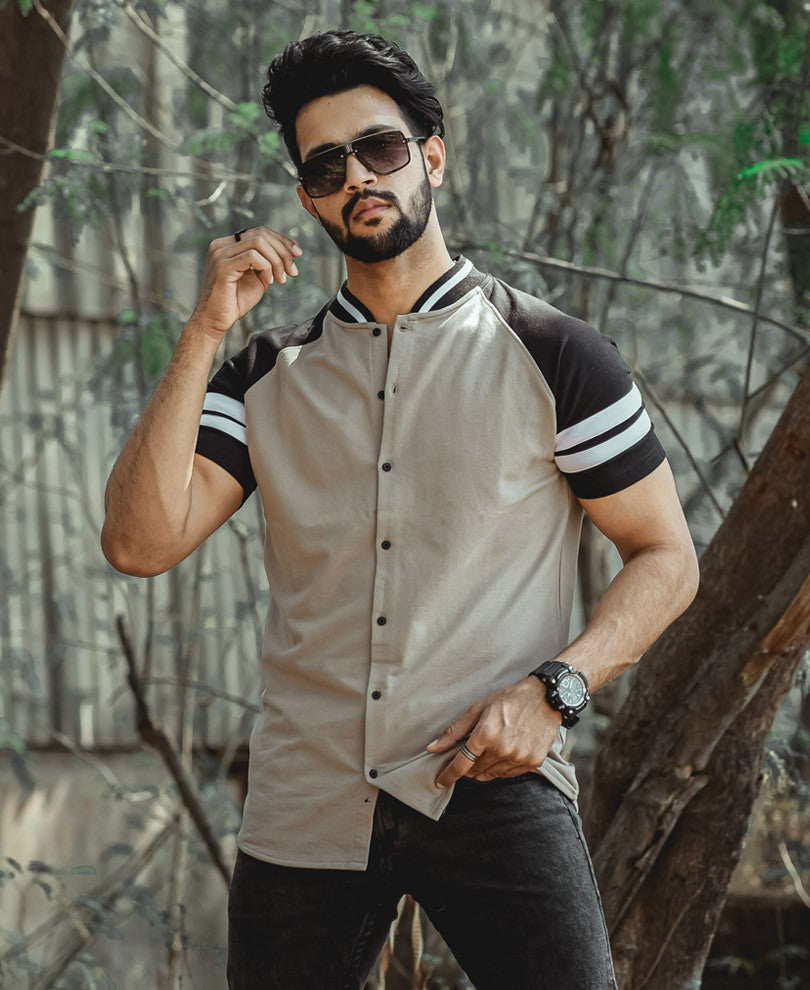 Beige Baseball Button Style Half Sleeves T Shirt