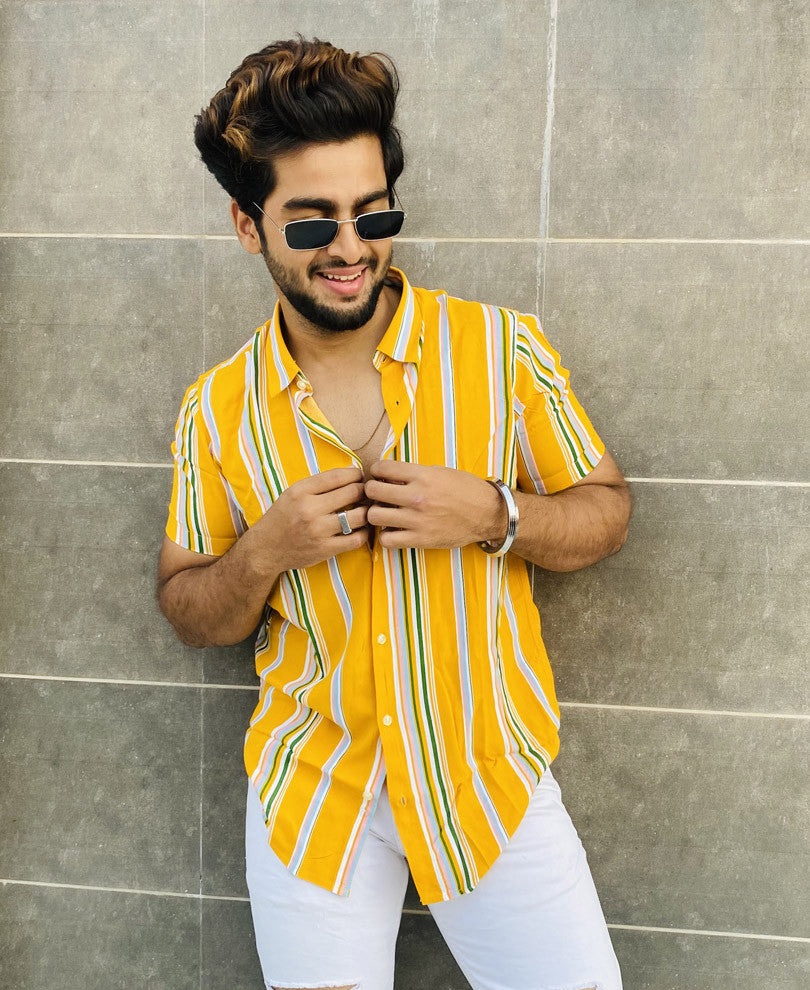 Yellow Vertical Stripes Half Sleeves Shirt