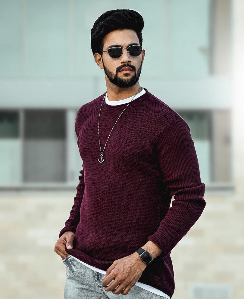 Maroon Knitted Full Sleeves T Shirt