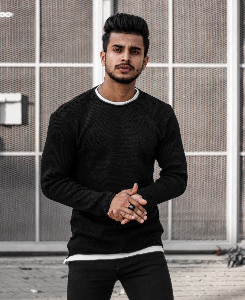 Black Knitted Full Sleeves T Shirt