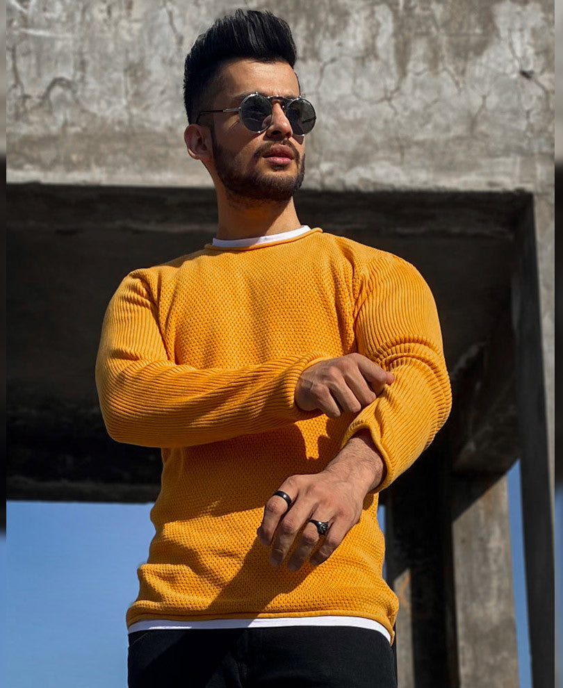 Mustard Knitted Full Sleeves T Shirt