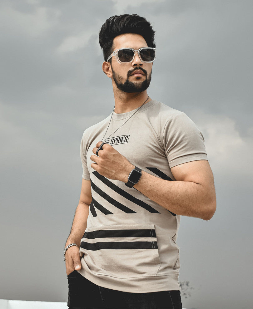 Beige Off Spring Printed Half Sleeves T Shirt