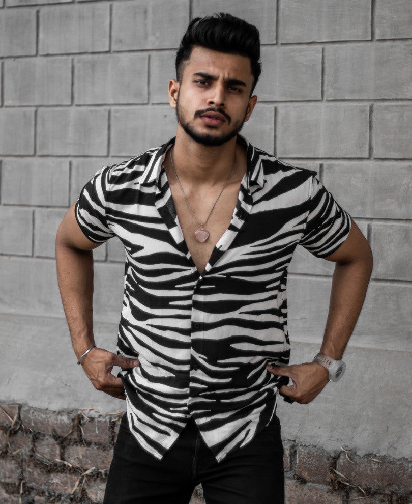 White Zebra Print Half Sleeves Shirt