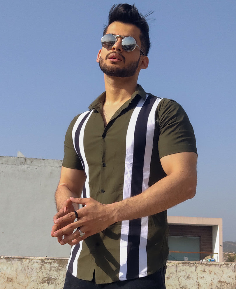 Olive Green Double Stripe Half Sleeves Shirt