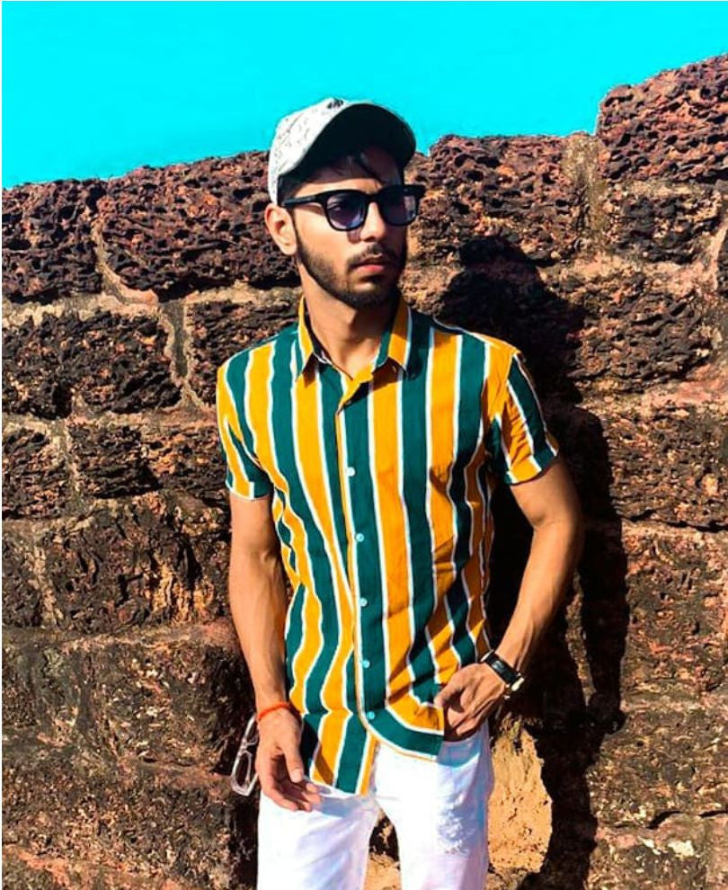 Mustard And Olive Green Stripes Print Half Sleeves Shirt