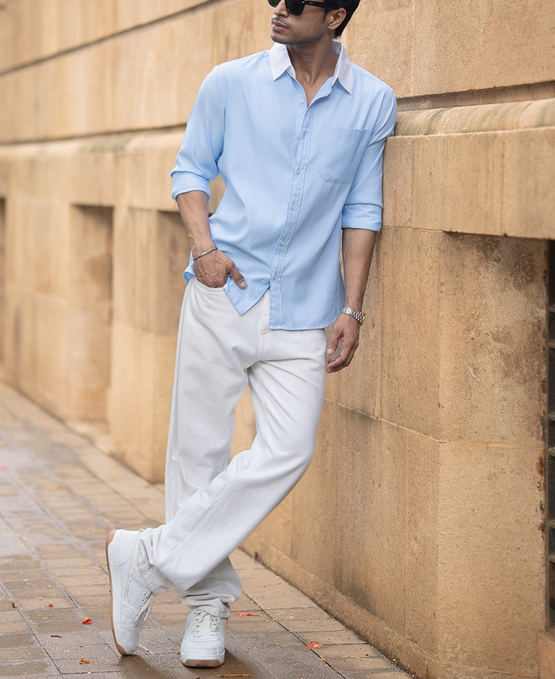 Blue Oxford Shirt With Contrast Collar