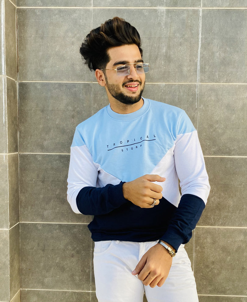 Sky Blue Tropical Storm Printed Full Sleeves T-Shirt