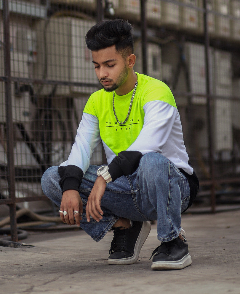 Neon Green Tropical Storm Printed Full Sleeves T-Shirt