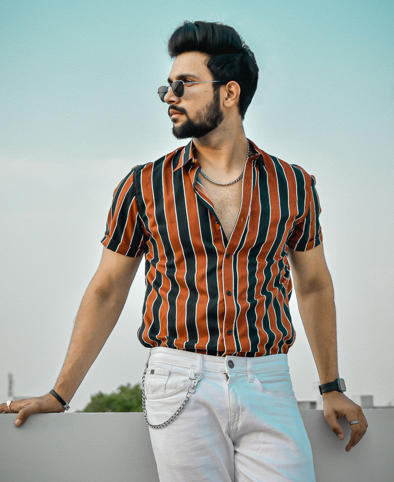 Brown and Navy Blue Stripes Half Sleeves Shirt