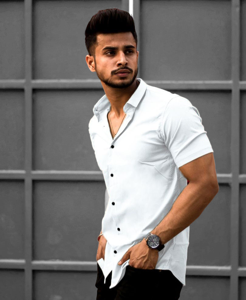 White Plain Stretchable Casual Half Sleeves Shirt