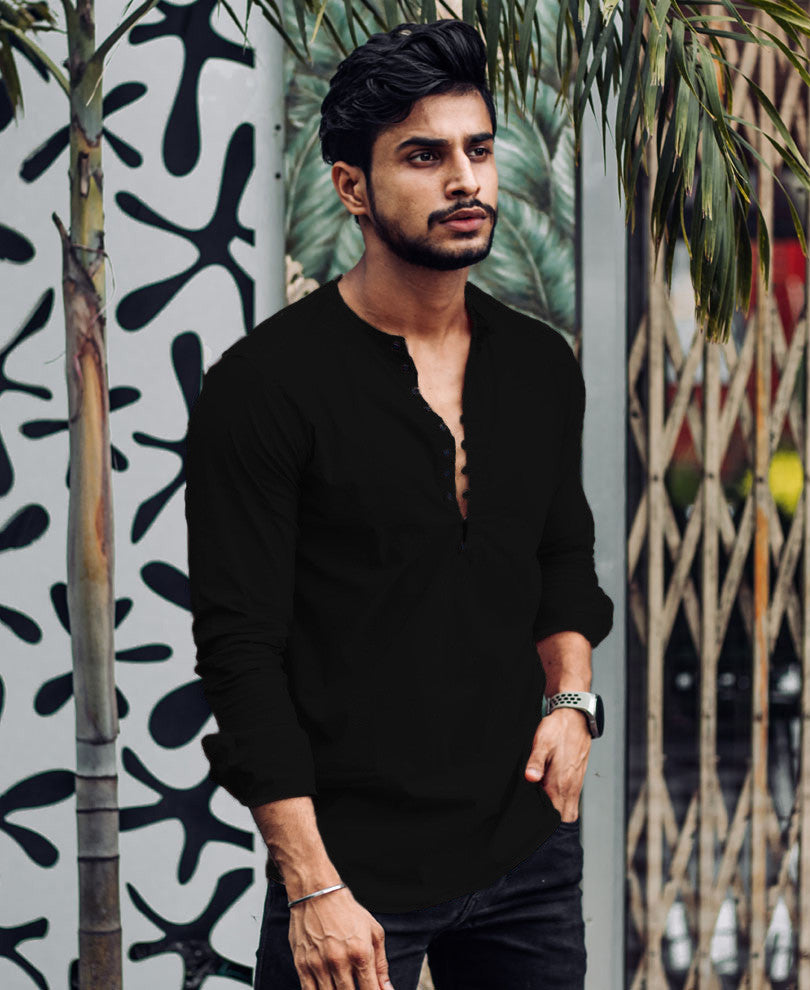 Black Plain Kurta Full Sleeves Shirt