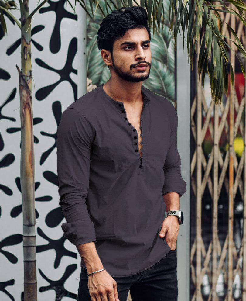 Grey Plain Kurta Full Sleeves Shirt