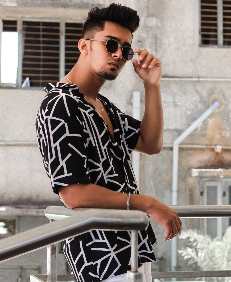 Black Abstract Striped Half Sleeves Shirt