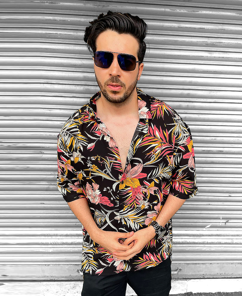 Mens Black Floral Oversize Drop Shoulder Shirt
