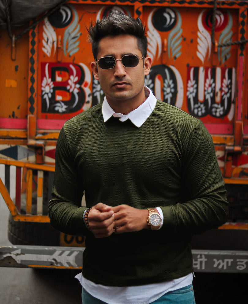 Green White Collar Full Sleeves T-Shirt