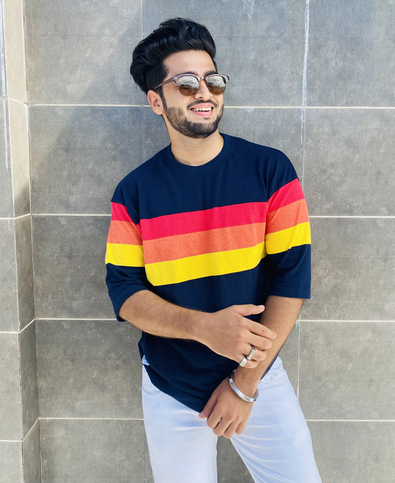 Navy Blue Triple Stripe Oversize Drop Shoulder T Shirt