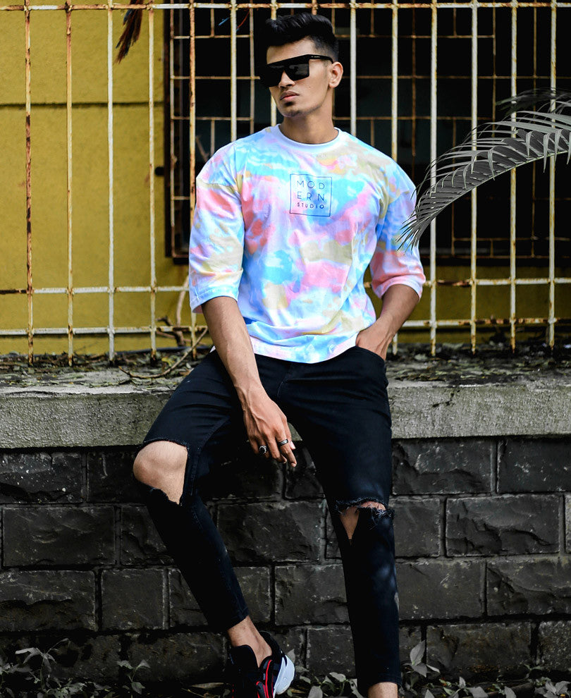 White Modern Studio Tie-Dye Print Oversize Drop Shoulder T Shirt