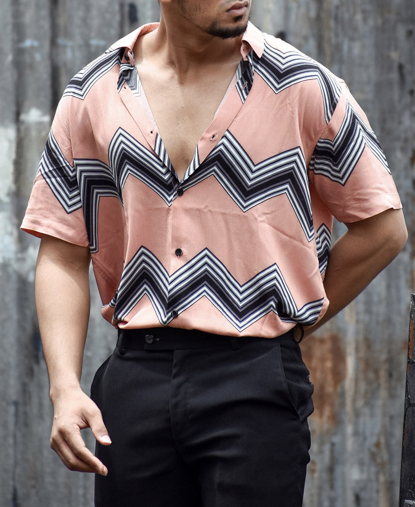Pink Zig Zag Lines Print Half Sleeves Shirt