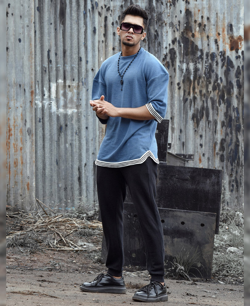 Turquoise Blue Oversize Drop Shoulder With Stripes Half Sleeves T Shirt