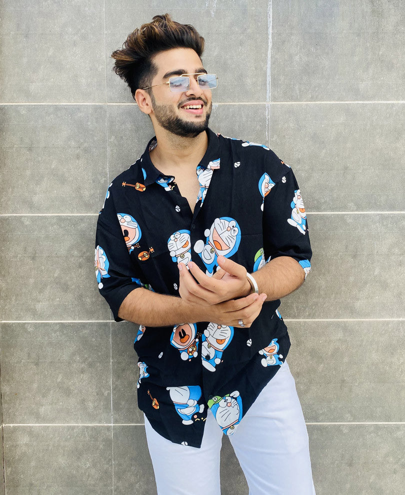 Black Doraemon Print Oversize Drop Shoulder Shirt