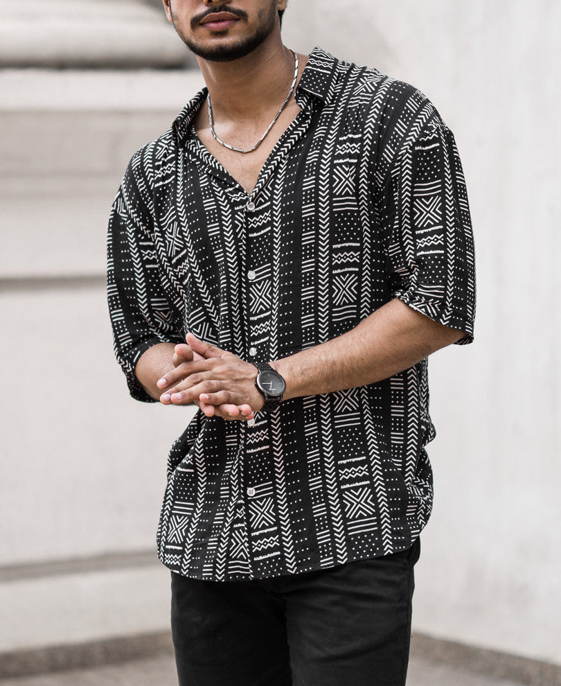 Black Ethnic Print Oversize Drop Shoulder Shirt