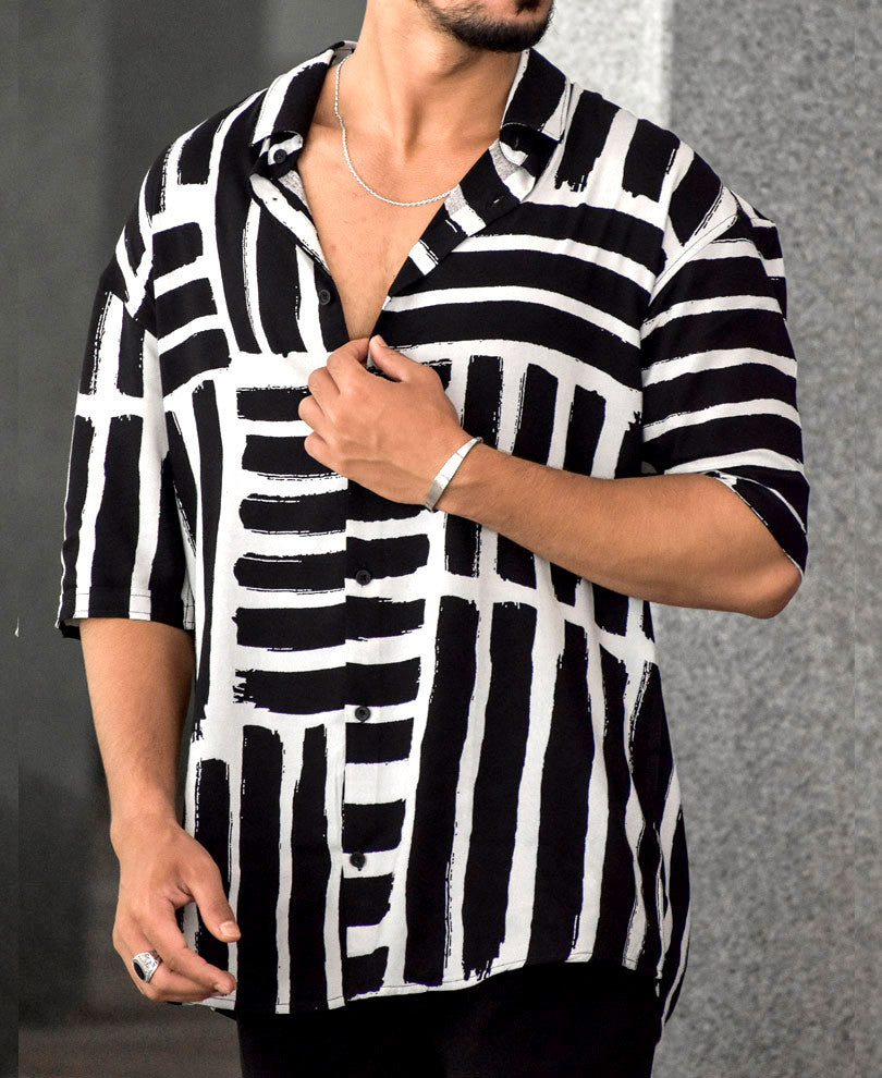 Black and White Multiple Stripes Oversize Drop Shoulder Shirt
