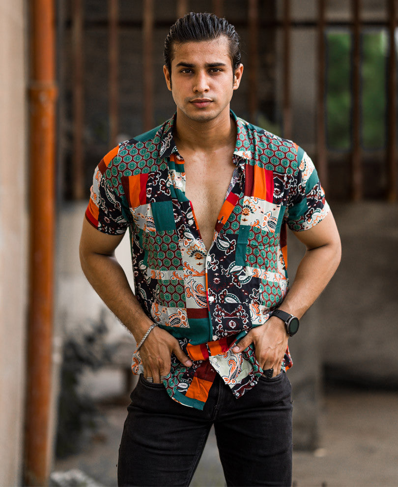 Mens Light Green Patchwork Print Half Sleeves Shirt