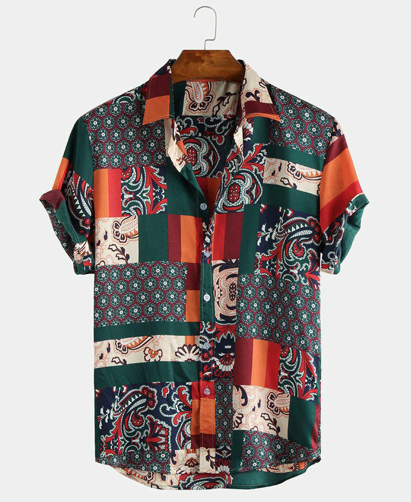 Mens Light Green Patchwork Print Half Sleeves Shirt
