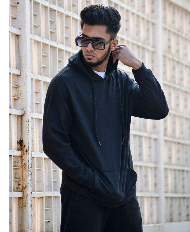 Black Plain Hood Full Sleeves T Shirt