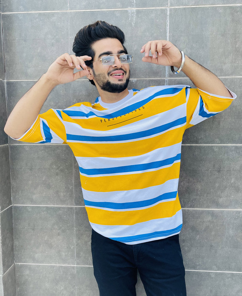 Yellow and White Perspectives Oversize Drop Shoulder T Shirt