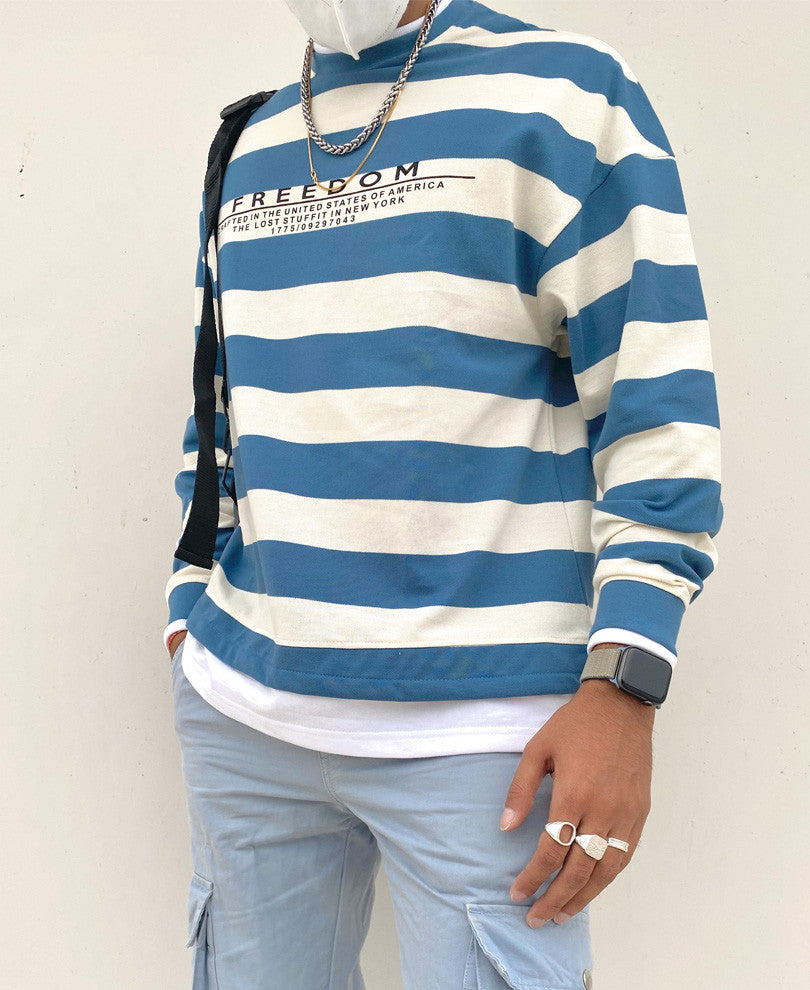 Blue and White Freedom Stripes Oversize Drop Shoulder T Shirt