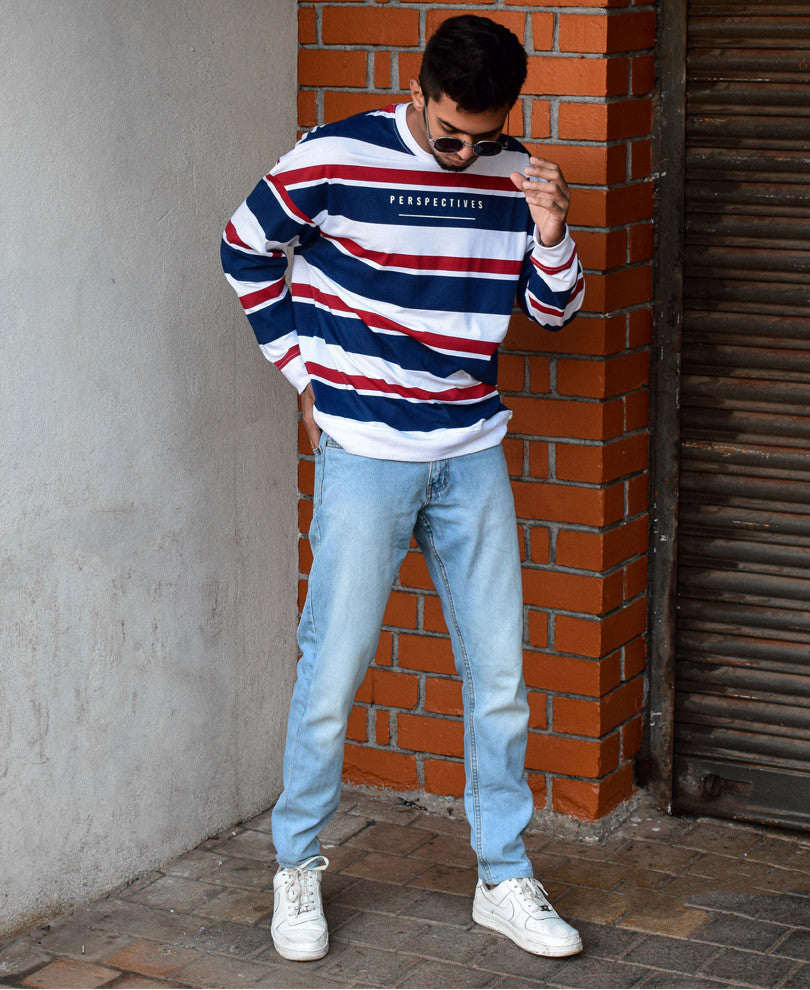 White and Blue Perspectives Stripe Oversize Drop Shoulder T Shirt