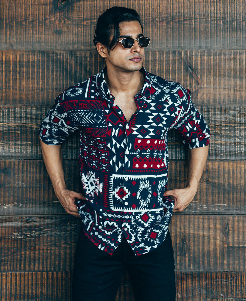Navy Blue and Red Patchwork Print Oversize Drop Shoulder Shirt