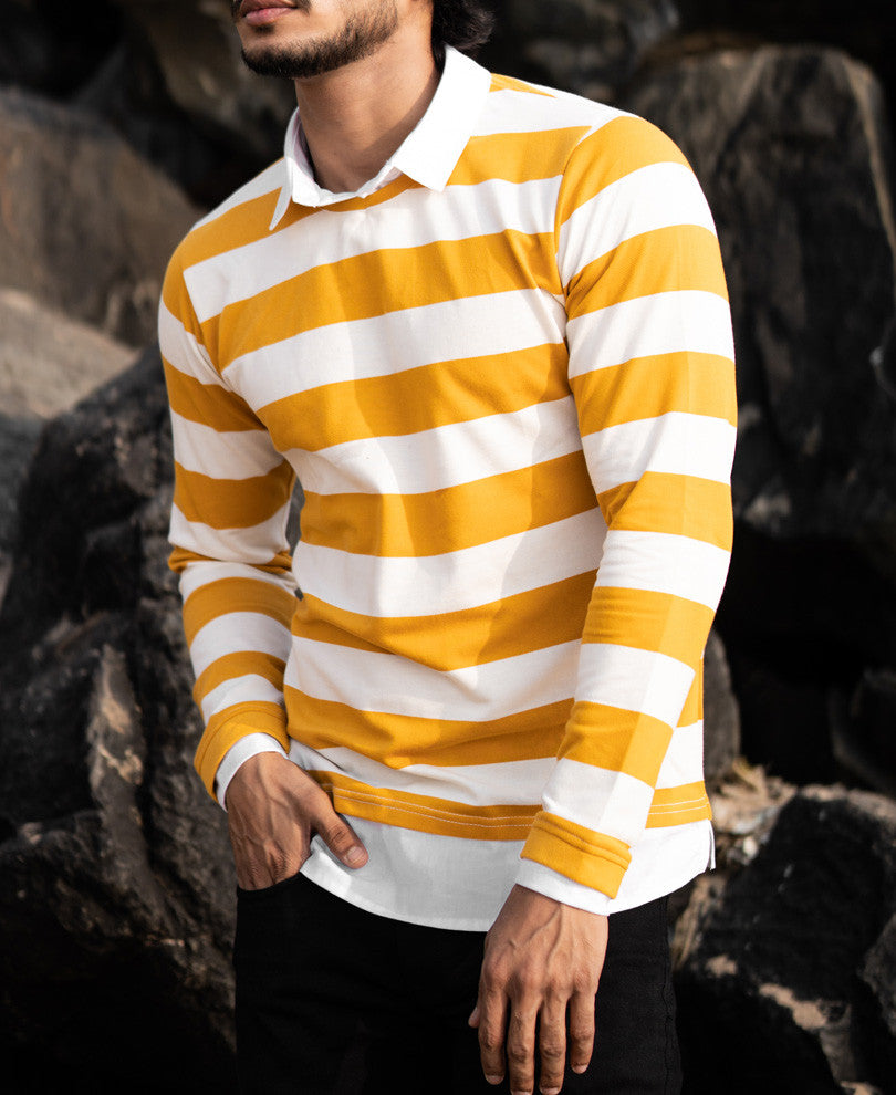 Mustard and White Collar Attached Full Sleeves T Shirt