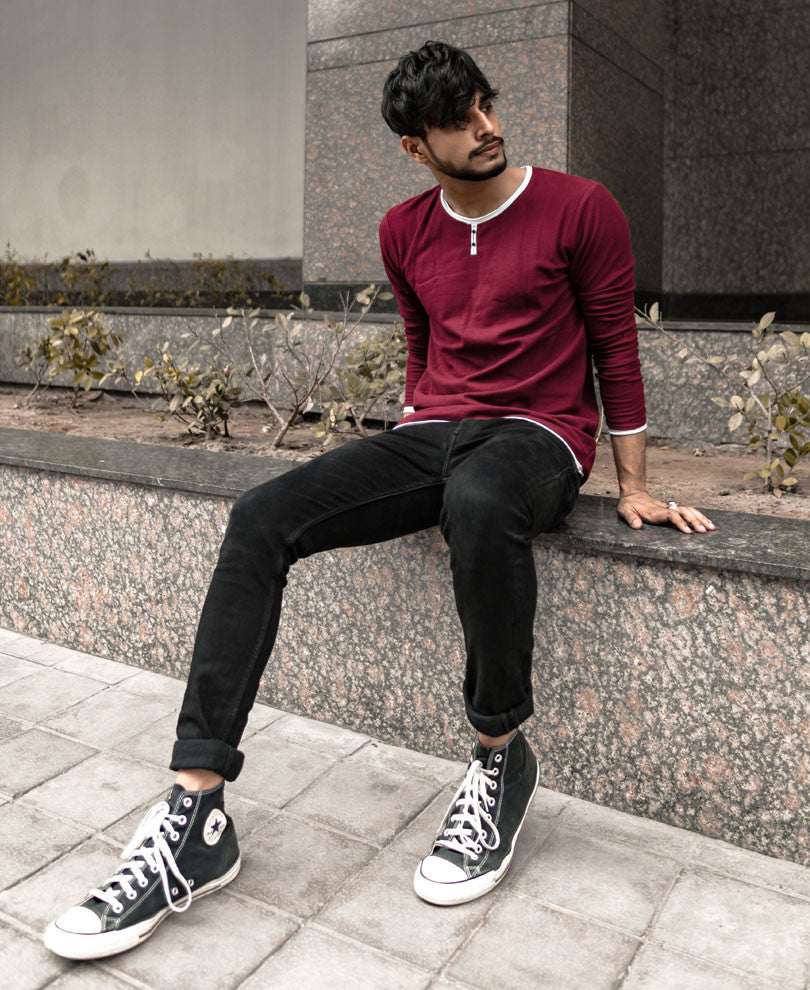 Maroon Basic Henley Full Sleeves T Shirt