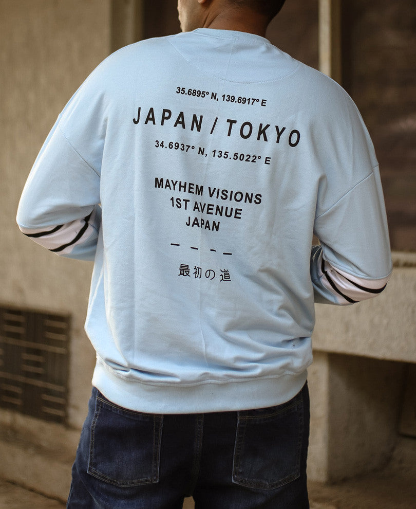 Sky Blue Back Print Oversize Drop Shoulder Sweatshirt
