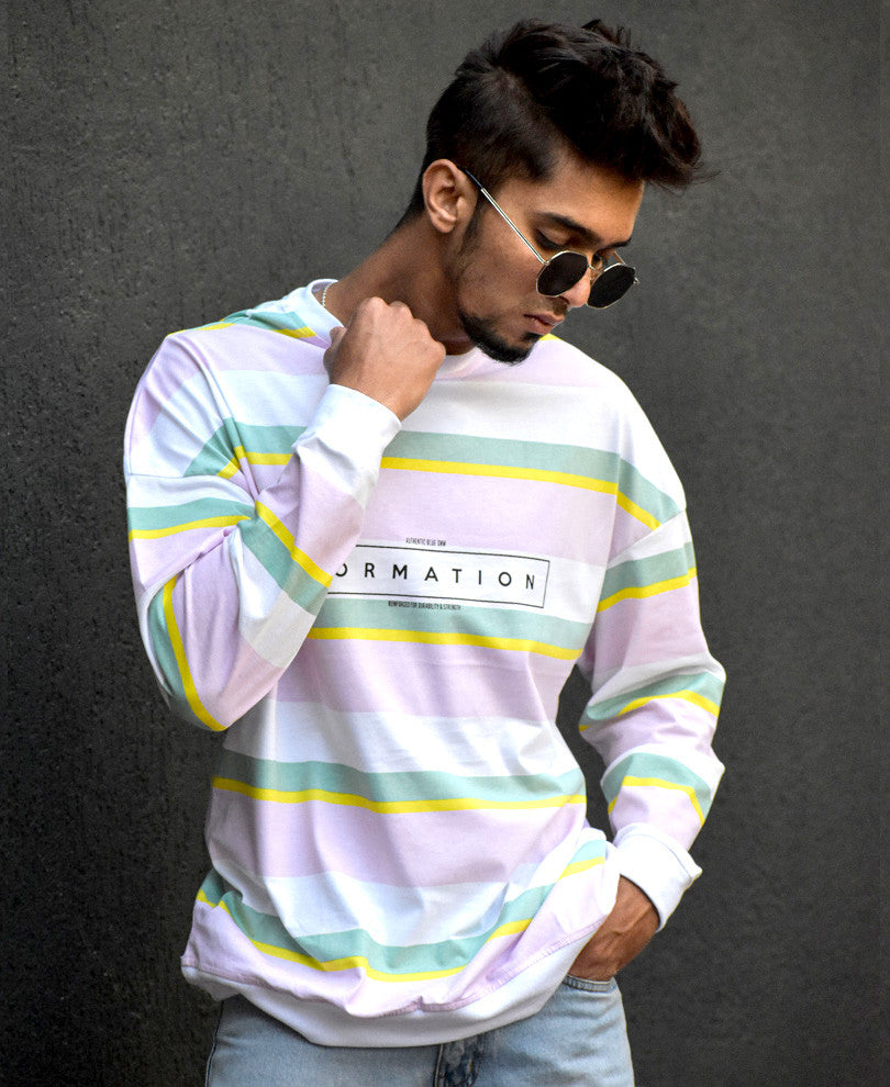 Pink and White Formation Stripes Print Full Sleeves T Shirt
