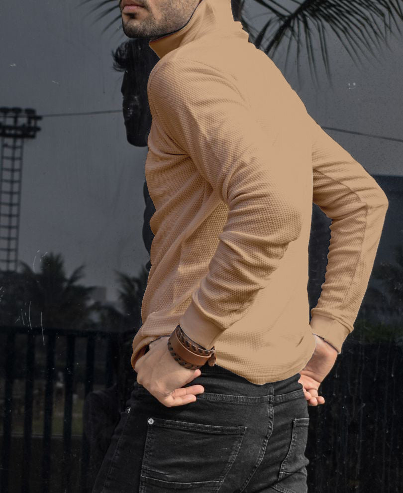 Beige Polo Neck Full Sleeves T Shirt