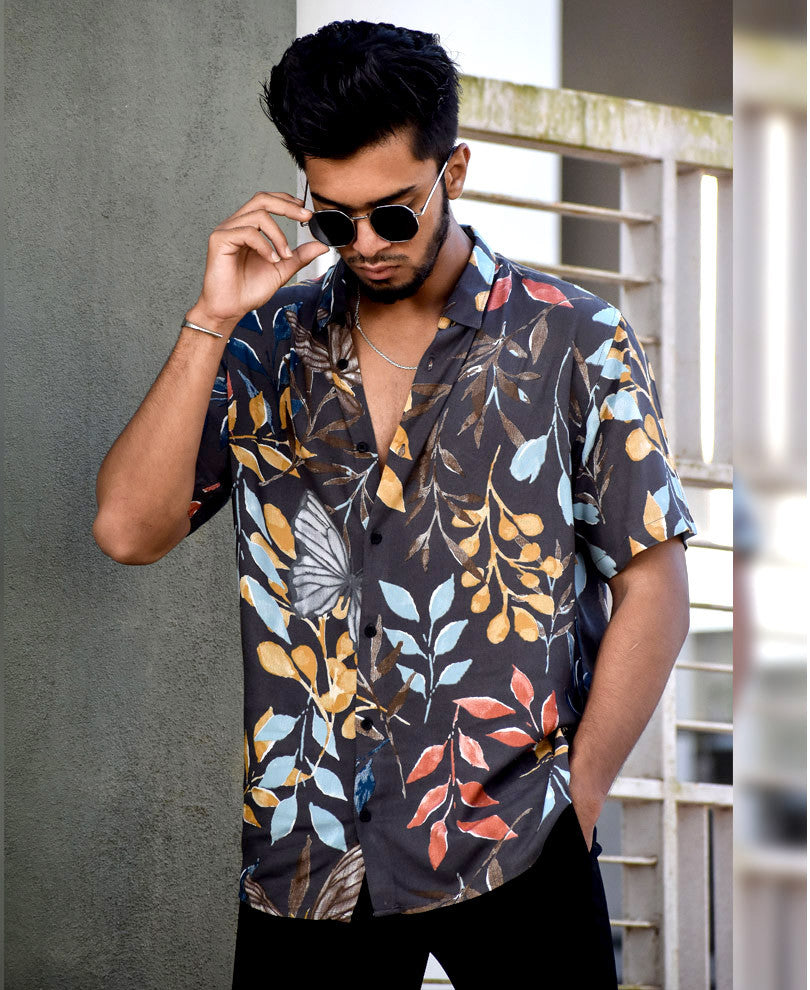 Grey Leaves Printed Half Sleeves Shirt