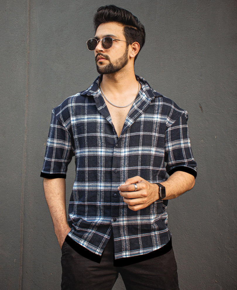 Navy Blue Checks Oversize Drop Shoulder Shirt