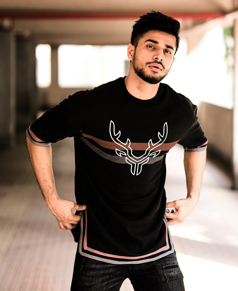Black Deer Chest Stripe Oversize Drop Shoulder T Shirt
