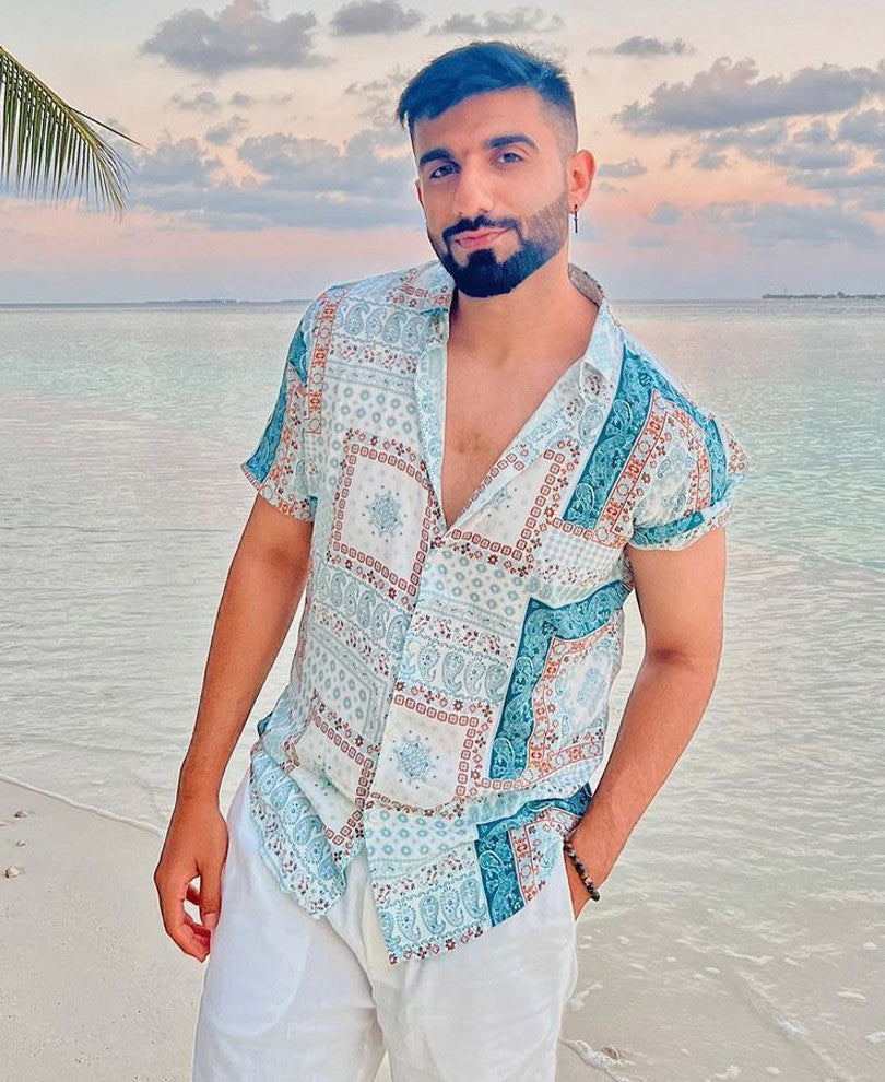 Light Green and White Bandana Print Half Sleeves Shirt