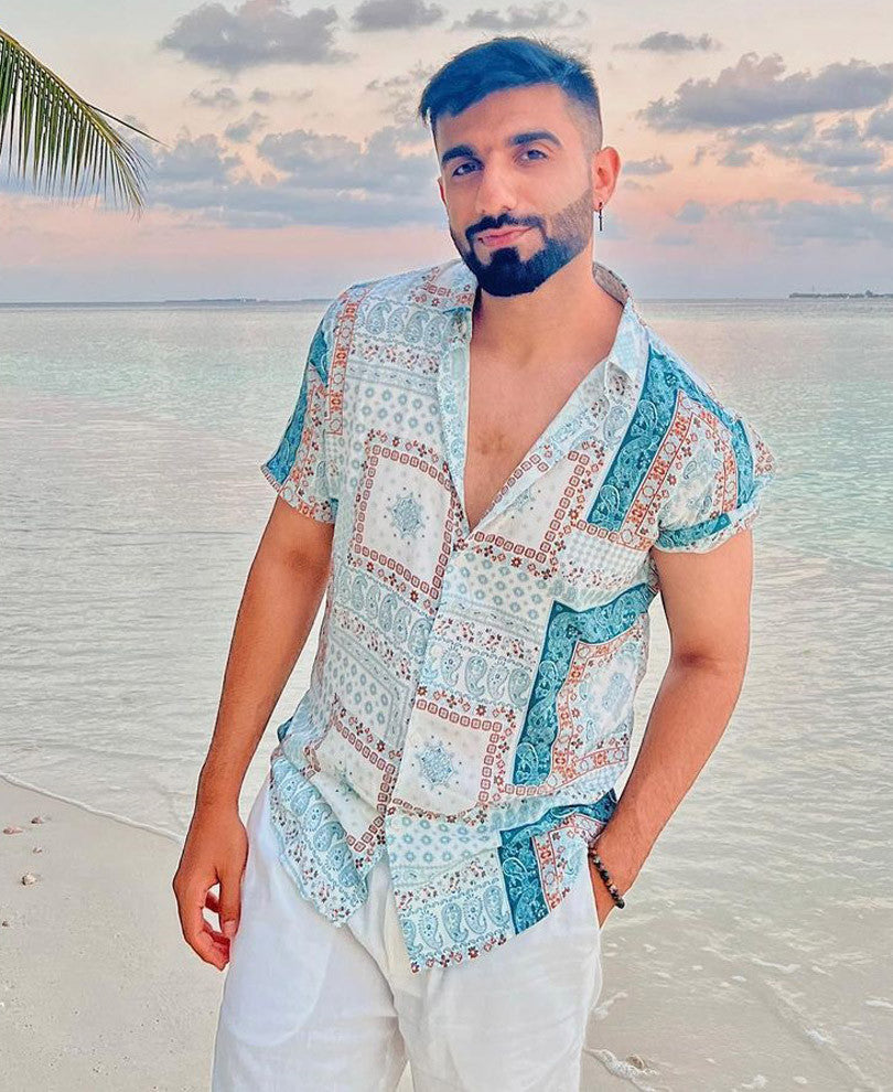 Light Green and White Bandana Print Half Sleeves Shirt