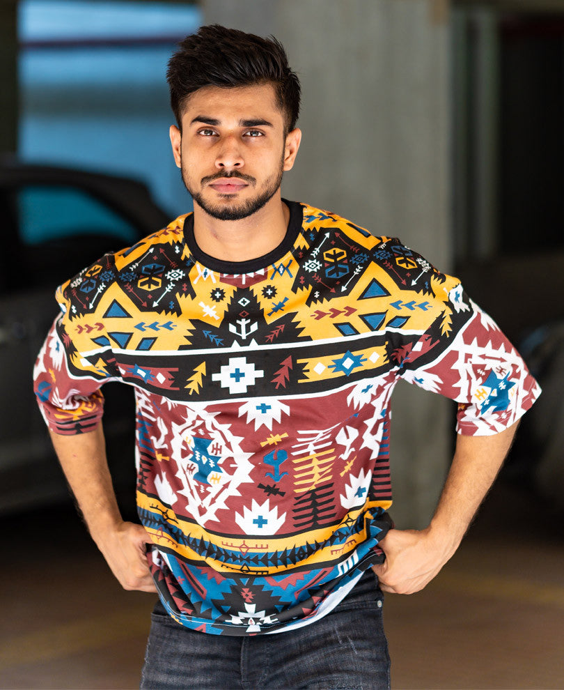Maroon Abstract Print Oversize Drop Shoulder T Shirt