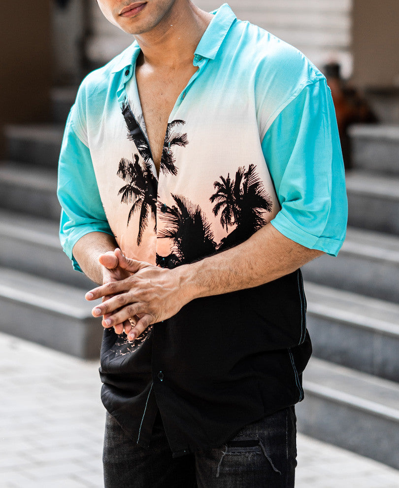 Mint Green And Black Hawaiian Oversize Drop Shoulder Shirt